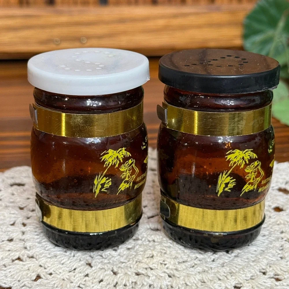 Vintage St Thomas VI Amber Glass Barrel Salt Pepper Shakers Set Brown Gold Small